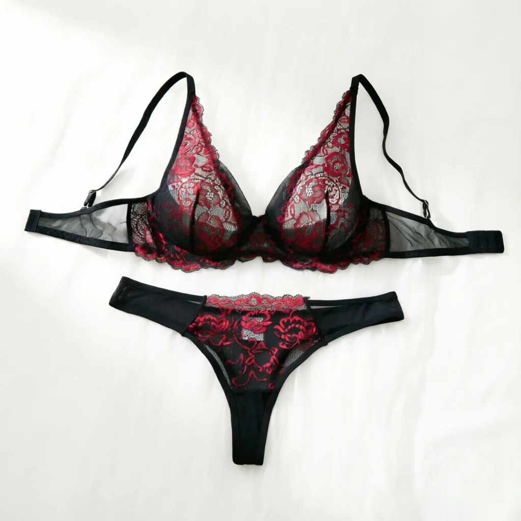 Sexy Dessous-BH, Damenanzüge, durchsichtiger BH, der Reiz der Valentinstag-Nacht, schwarz-rotes BH- und Unterwäsche-Set ZA825161
