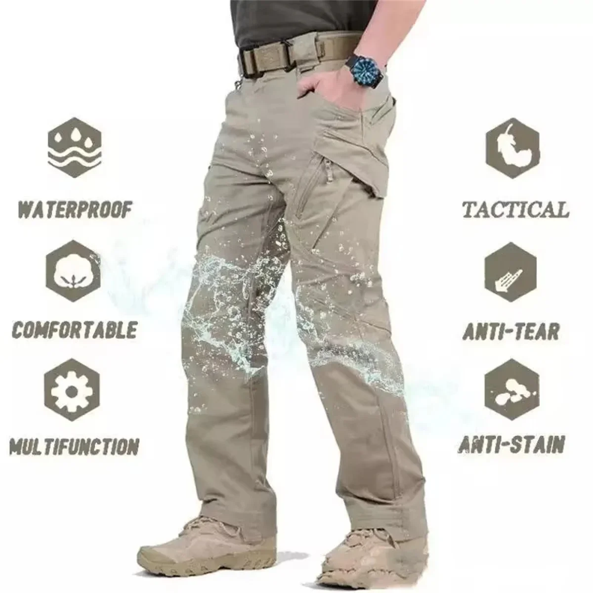 Herren-Taktikhose in Übergröße, mit mehreren Taschen, elastischem Bund, für militärische und städtische Einsatzbereiche, wasserdichte Cargohose, QC. – Detail 2