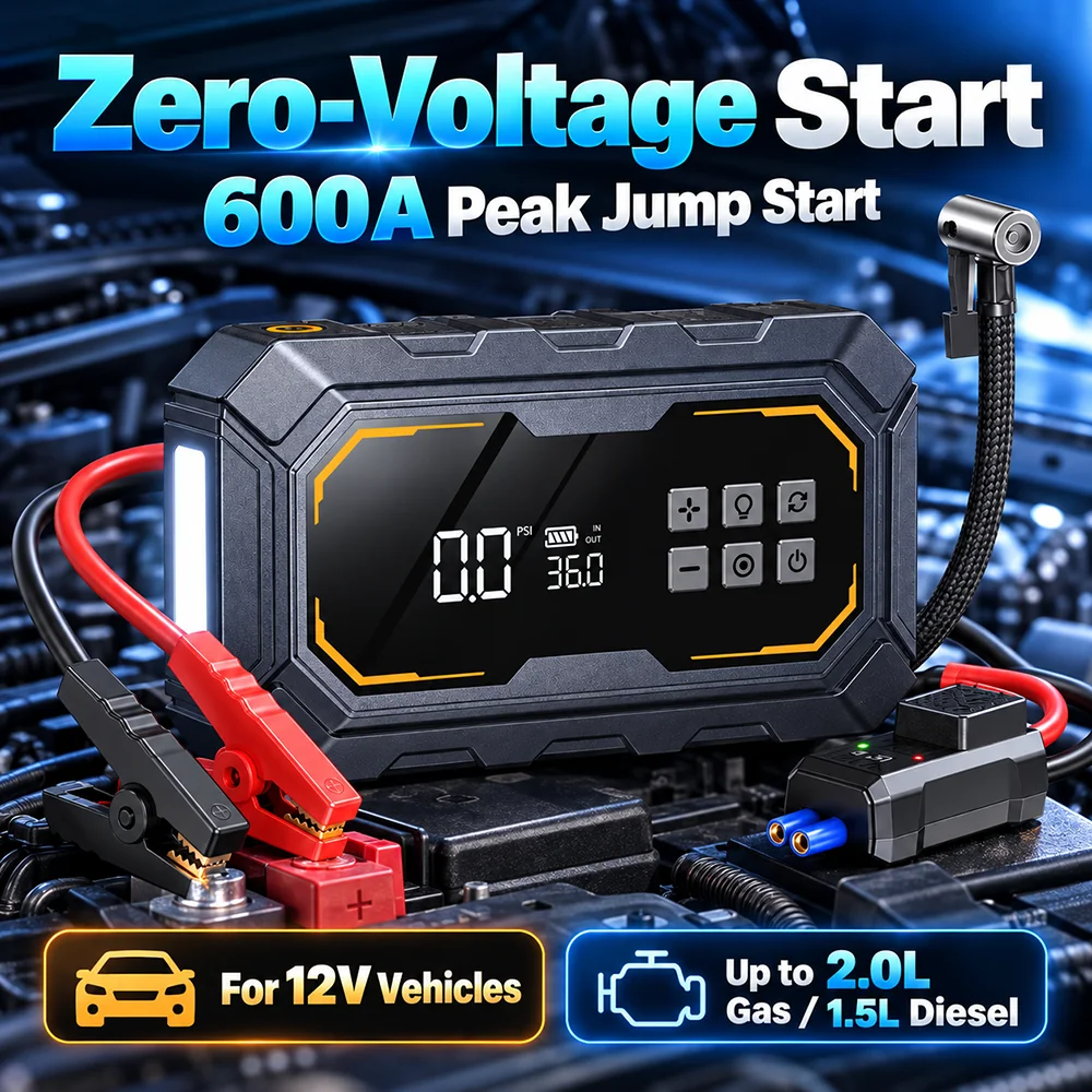 Vyvylabs Car Jump Starter 12V with Air Compressor 600A Peak Portable Battery Booster Pack 6000mAh Tire Inflator LED Flashlight U