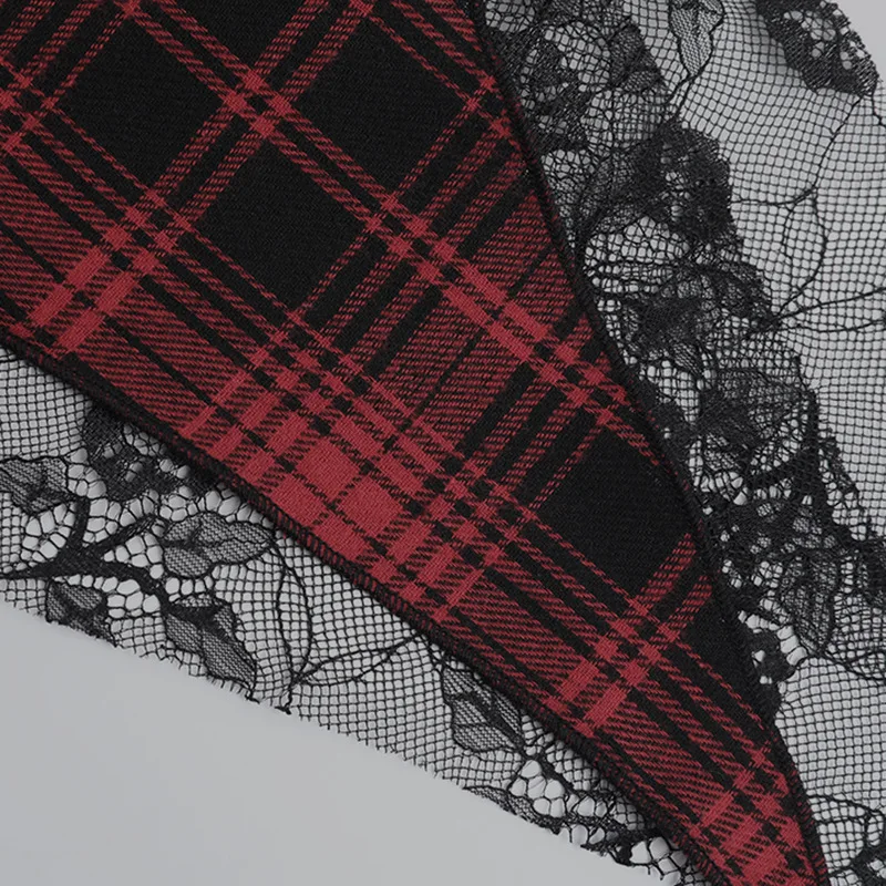 Y2k Goth Punk Lolita Irregular Plaid Lace Splicing Half Skirt Summer Women New Plaid Peplum Comfortable Black Dresses Trendy