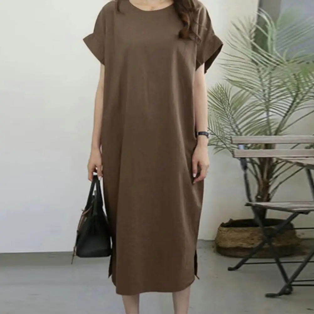 Women Long Dress Round Neck Dress Stylish Plus Size Women's Summer Midi Dress with Side Split Hem Breathable Fabric for Travel