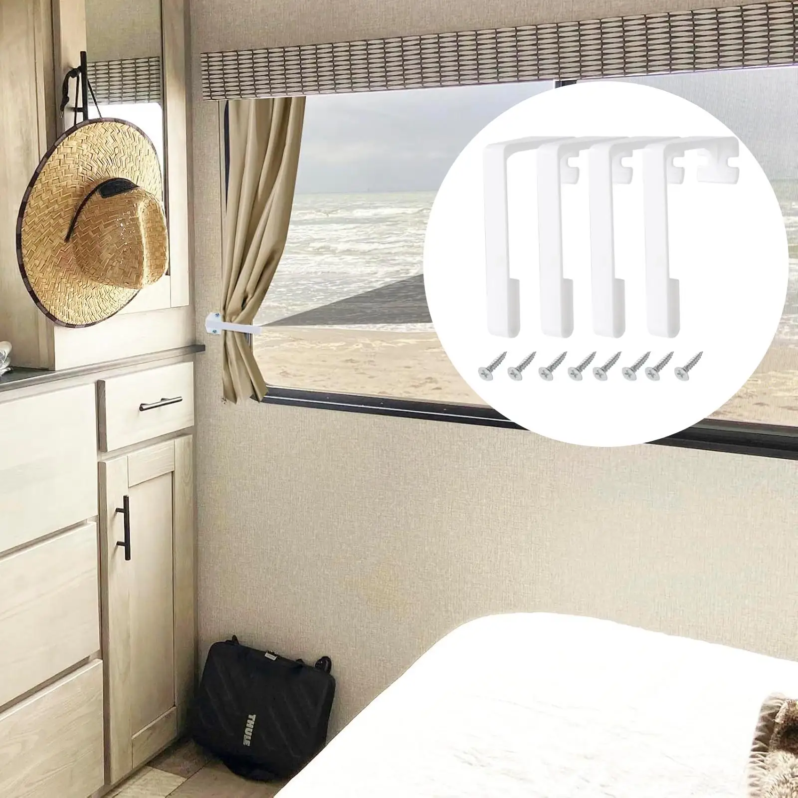 Multi Use RV Curtain Ties Plastic Wall Clips Organize Cords Towels and Trailer Curtains