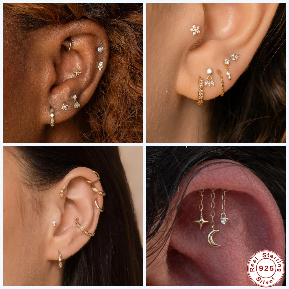 

AIDE 1piece Plata 925 Sterling Silver Zircon Heart Flat Head Cartilage Piercing Stud Earring For Women Claasic Circle Earring