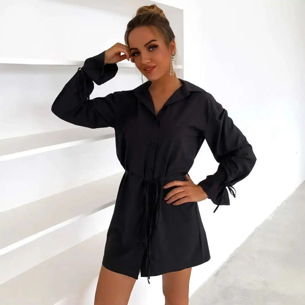 

Waist Up Long Sleeved Solid Color Dress Hot Selling Women's V-neck Black Set Beach Women's 2025 Summer Dress Robe Vestido Women