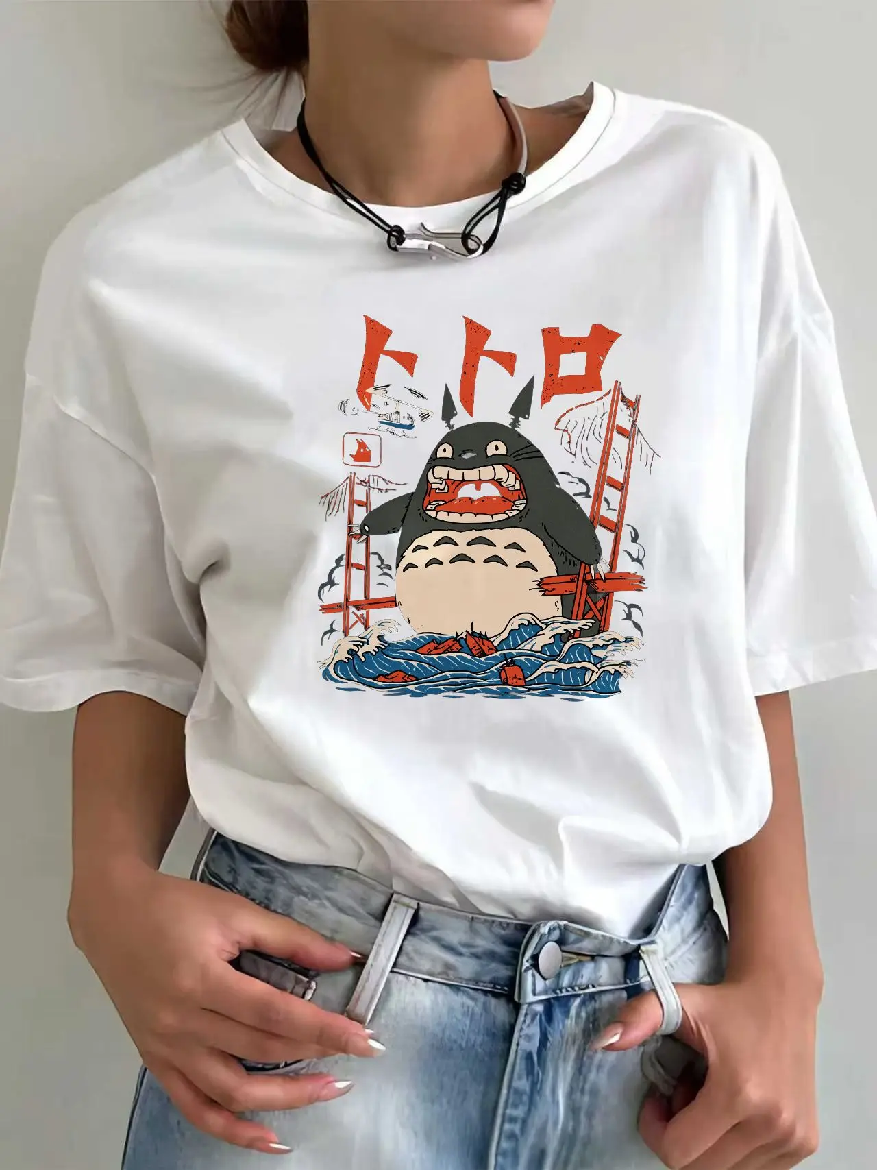 Hayao Miyazaki Anime Series Totoro Printed Men's and Women's Casual Loose Round Neck Short Sleeves Harajuku Anime Tshirt image 4