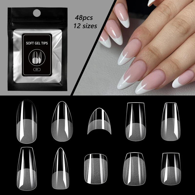 48개/봉투 풀커버 아크릴 네일 팁, 세미 프로스티드 프레스온 네일 팁, 네일아트 오벌 아몬드 스컬프티드 매니큐어 가짜 네일