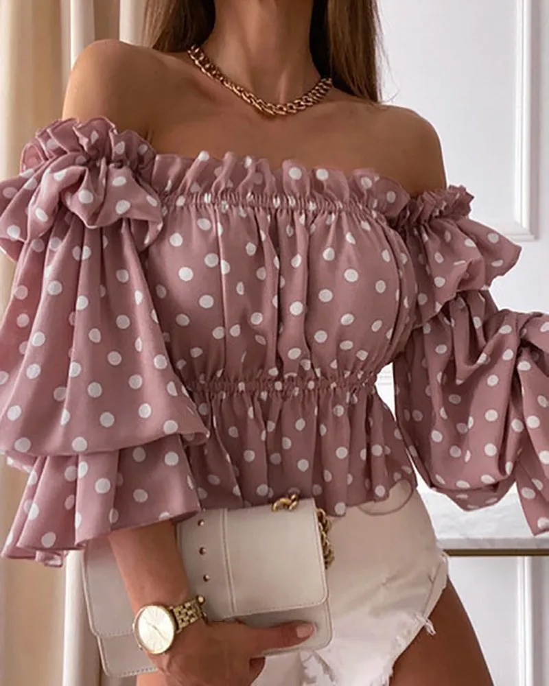 Off Shoulder Summer Ladies Sexy Blouse Women Y2k Autumn Fashion Women Ruffles Pleated Long Sleeve Shirt Short Women's Tops