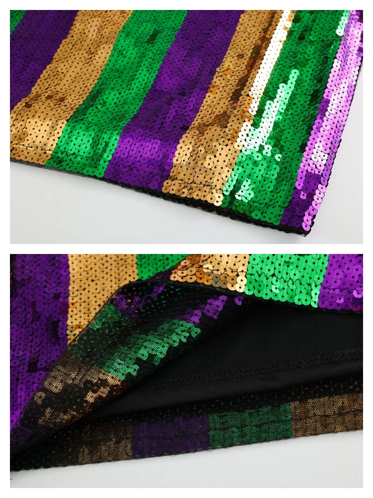 Brilhante tri cor verde ouro roxo lantejoulas listra camisa vestido 2025 mardi gras festival vestuário para mulher