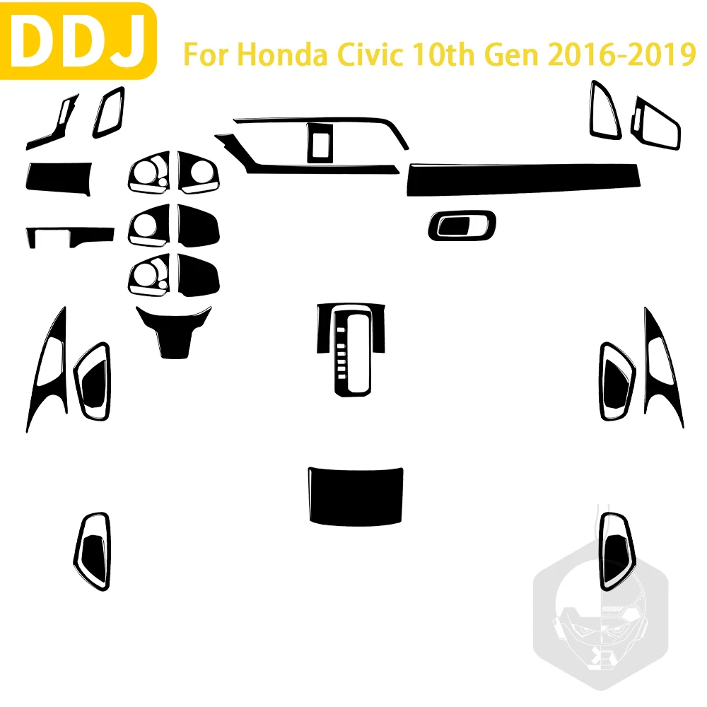 For Honda Civic 10th Gen 2016 2017 2018 2019 Accessories Black Plastic Car Interior Steering Wheel Door Gear Vents Trim Sticker