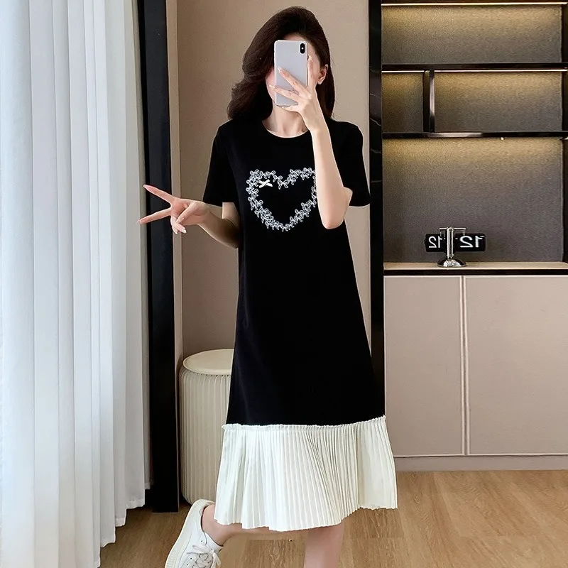 Vrouwen Casual Lange Jurk 2025, Zomer Geplooide Stiksels, Middellange Jurk, Dames Koreaanse Stijl Slanke Ronde Hals T-shirt Losse Jurk