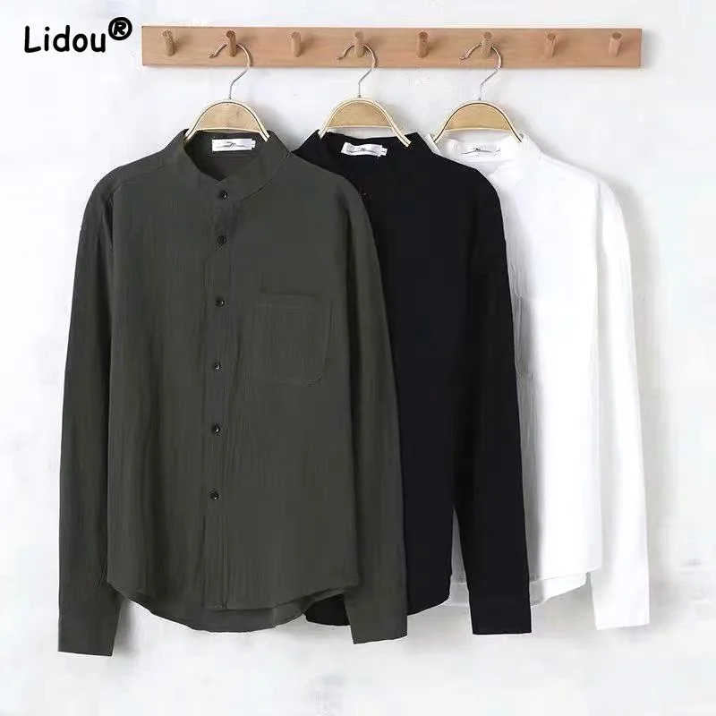 

All Season Thin Solid Round Neck Button Blouses Straight Temperament Simplicity Classic Casual Formal Women's Clothing Dignified