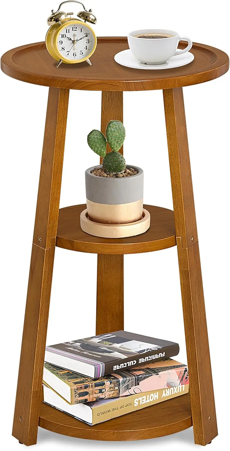 

Small Round Side Table, Solid Wood 3-Tier End Table for Small Spaces, 13 Inch Compact Drink Table, Round Wood Side Table for