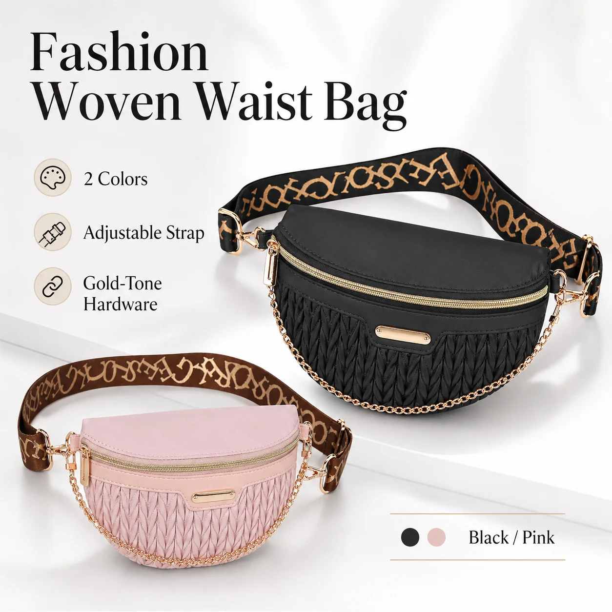 Women Woven Waist Bag Fashion Crossbody Fanny Pack with Adjustable Letter Strap Gold Chain Zipper Shoulder Chest Bag