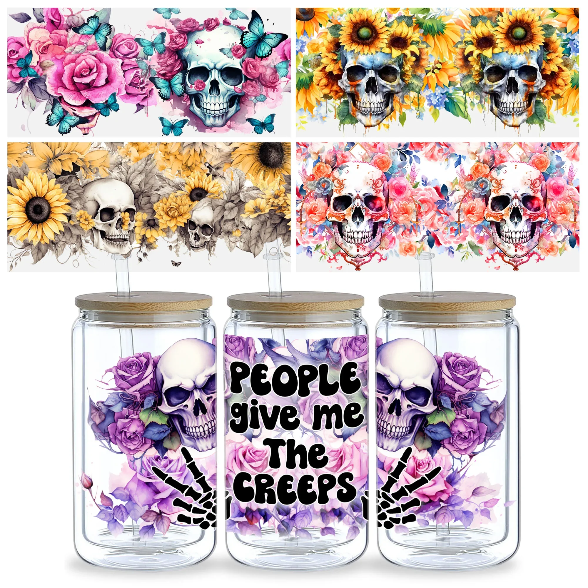 5 sheets Skull UV DTF Cup Stickers, DTF Friction Transfer Stickers, Waterproof Transfer Stickers for 16oz Glass Cups