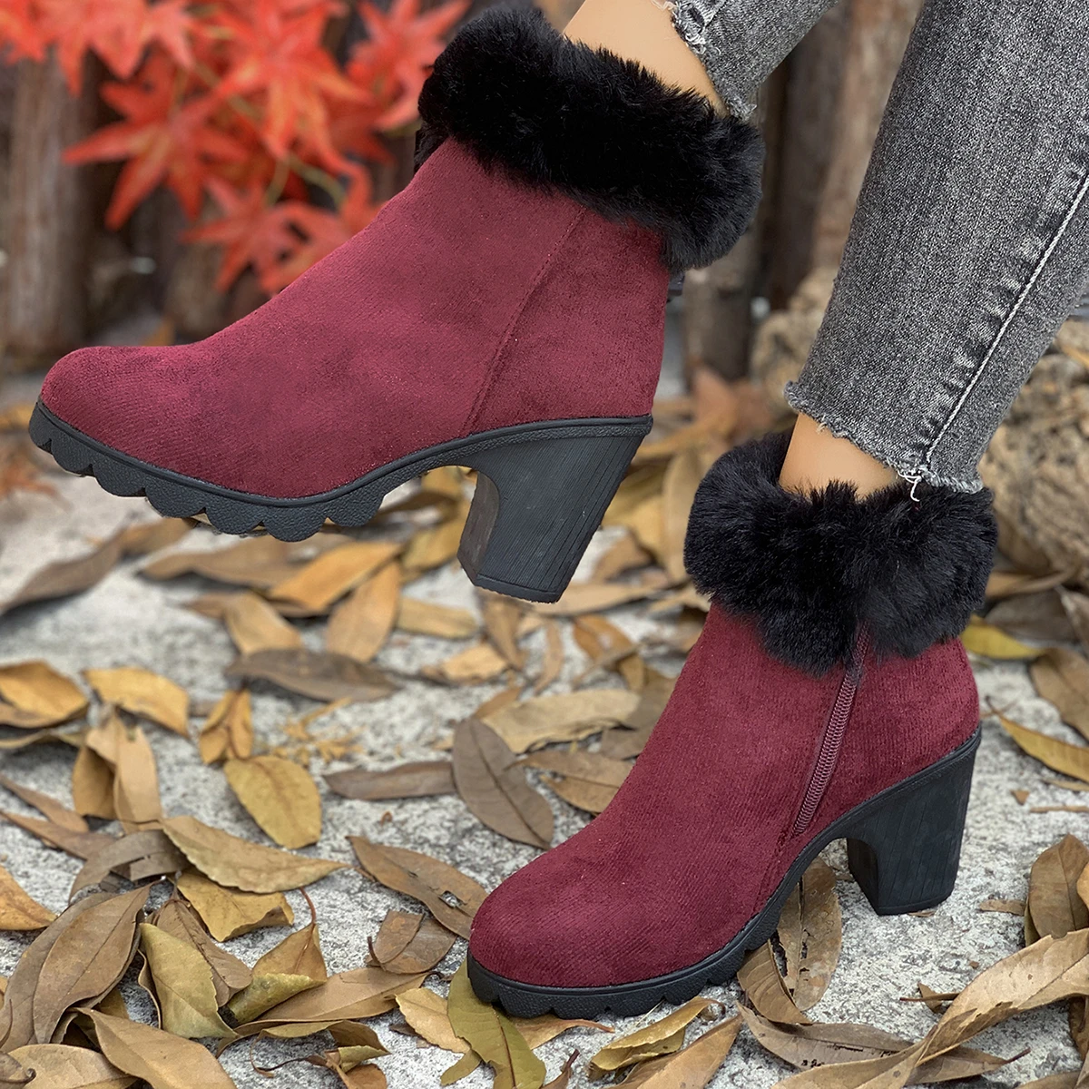 Botines de mujer con adorno de piel sintética, tacón de bloque, suela gruesa de gamuza, Color Camel, botas cortas cálidas de moda para invierno, prendas de vestir informales