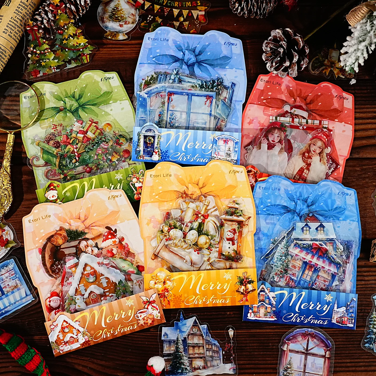 15 Heets Weihnachtsthema PET-Aufkleberpaket für Scrapbook DIY Fotorahmen Collage Dekor, Weihnachtsgeschenk dekorative Aufkleber