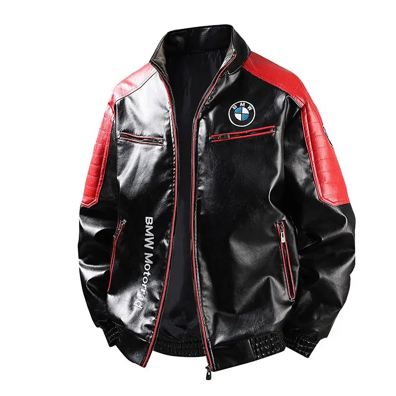 

2025 trendy new BMW embroidered stand up collar jacket for men and women, loose and versatile leather motorcycle suit