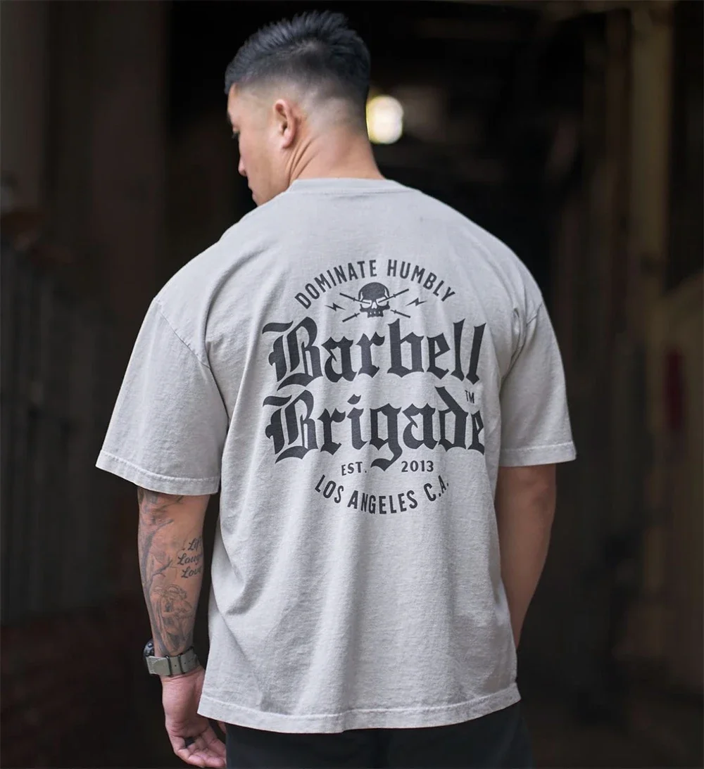 Barbell Brigade Men's Cotton Gym T-Shirt Summer Fitness O-Neck Short Sleeve Loose Bodybuilding Workout Tee Top