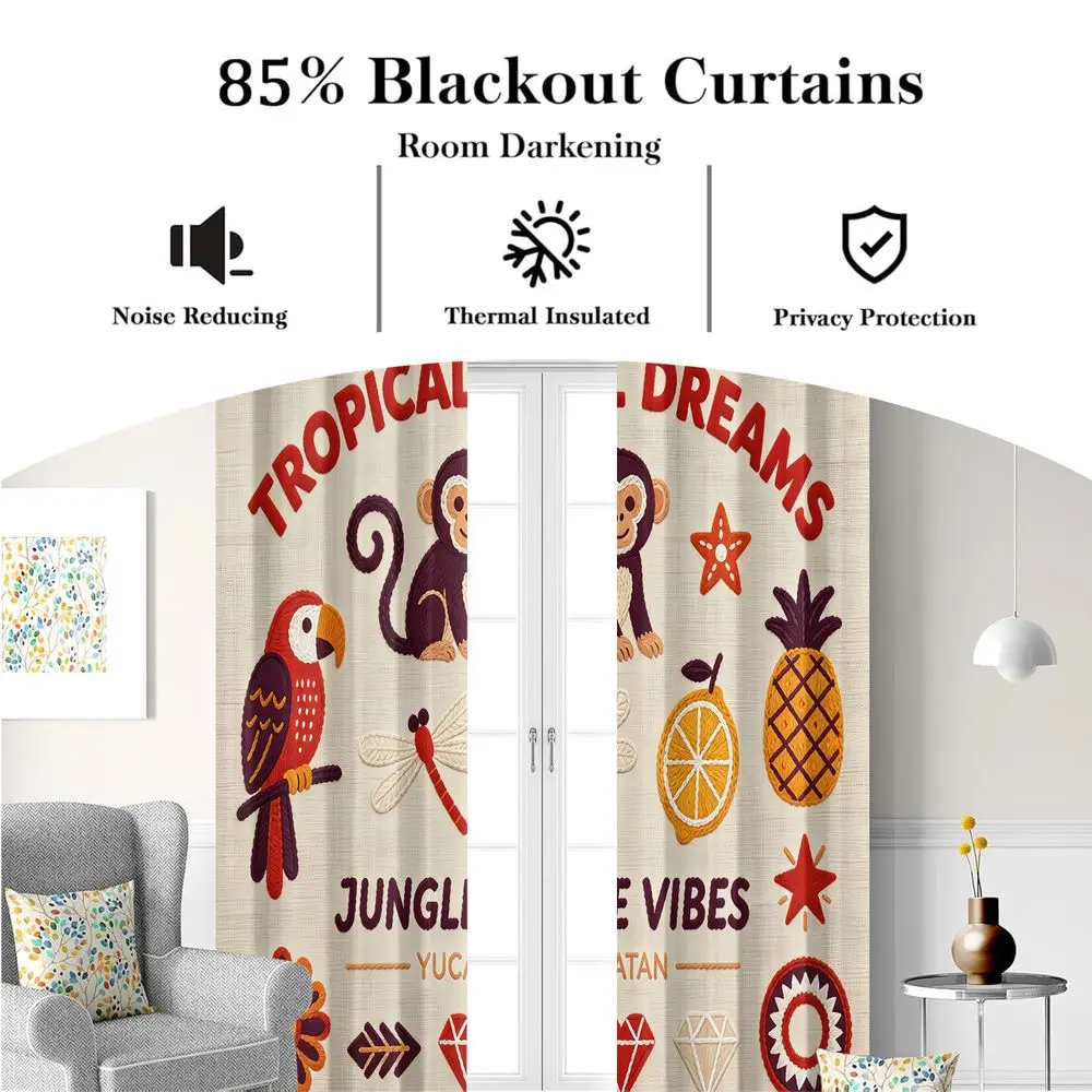Tropical Dreams Jungle Vibes Yucatan Monkey Parrot Print Curtains, 2-Pcs Digital Printed Blackout Curtains for Living Room - view 5