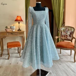 Ciynsia Glitter Sequin A-Line Prom Dresses Ankle Length Long Sleeve Vestidos De Gala Square Neck Arabic Evening Party Gown 2024