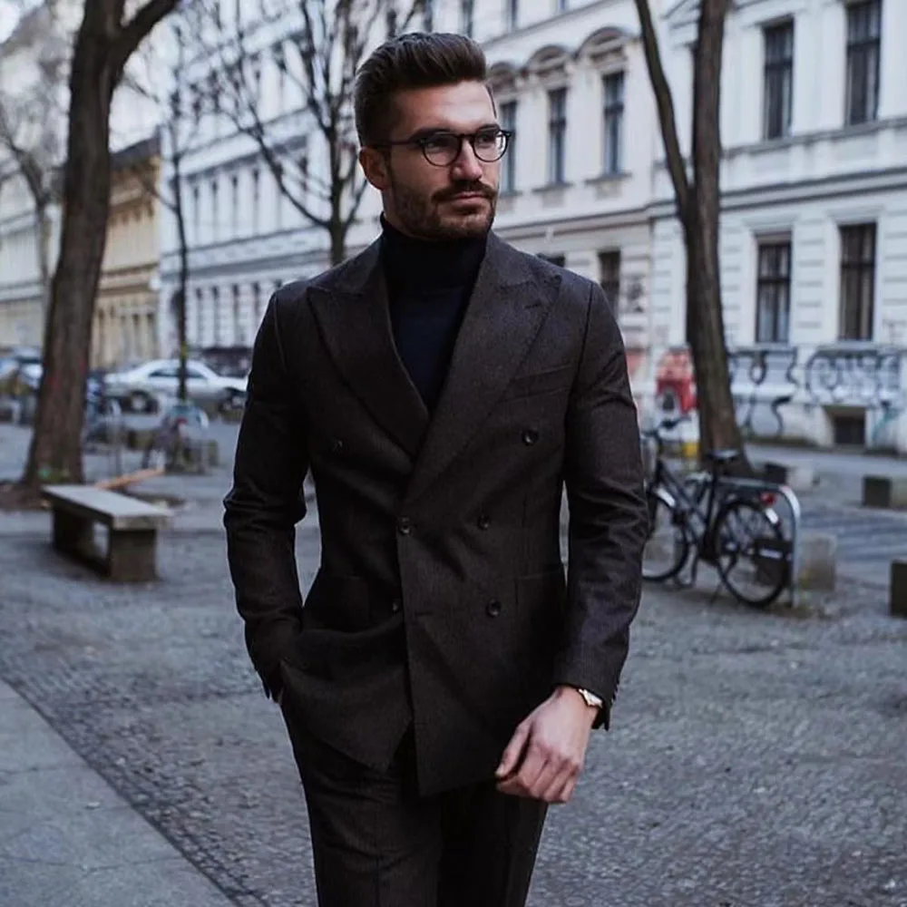 

2023 New Black Peaked Lapel Suits For Men Business Casual Formal Costume Homme Double Breasted Slim Fit 2 Pcs Set Jacket Pants