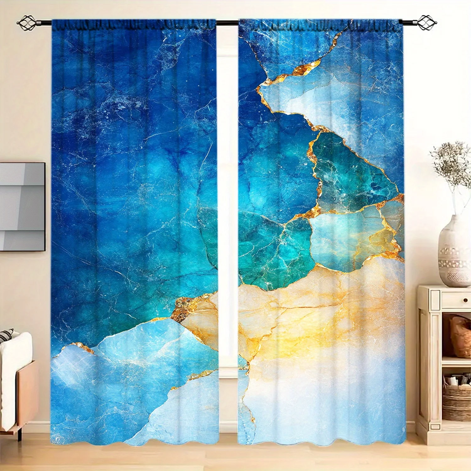High Quality Blue Marble Gold Abstract Curtains Polyester Window Panel Room Curtain Blackout Modern Luxury Home Decor