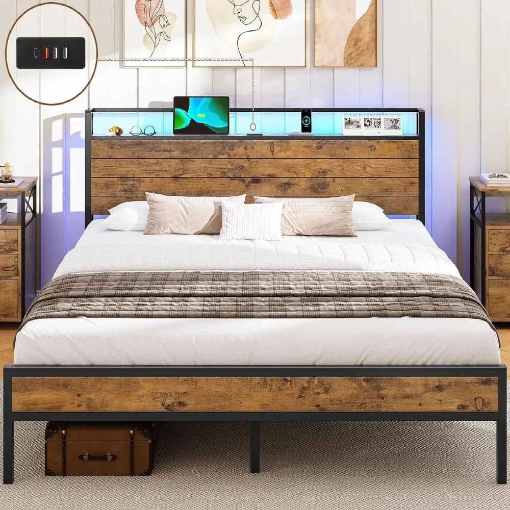 Lit 140 x 190 avec Sommier en Métal, Lit 2 Personnes avec Lumières LED et Multiprise,Facile à Assembler, 30cm Espace de Range