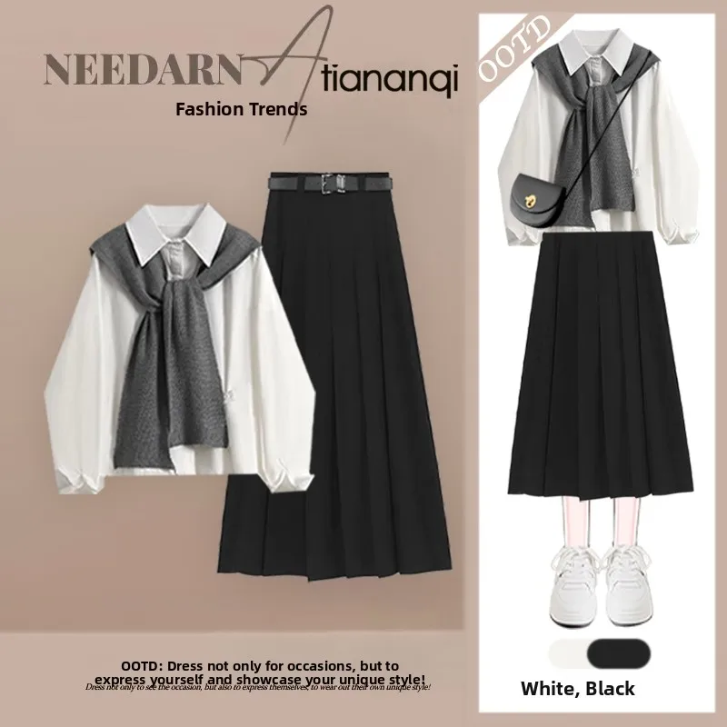 

Spring Faion Korean Sle irt Top f-Skirt Tee-Piece Set Slimming oulder awl Casual Women's Ensemble