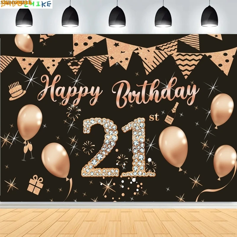 

Rose Gold Happy 21st Birthday Party Photography Backdrops 21 Years Old Woman Man Adults Glitter Balloons Photo Background TR-01