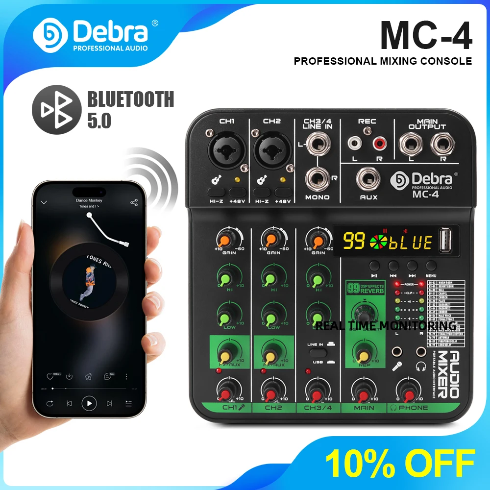 

Debra MC-4 Digital Mixer 4 Channel with 99 DSP Reverb Effects Bluetooth USB Playback Headphone Output for PC Live Broadcast