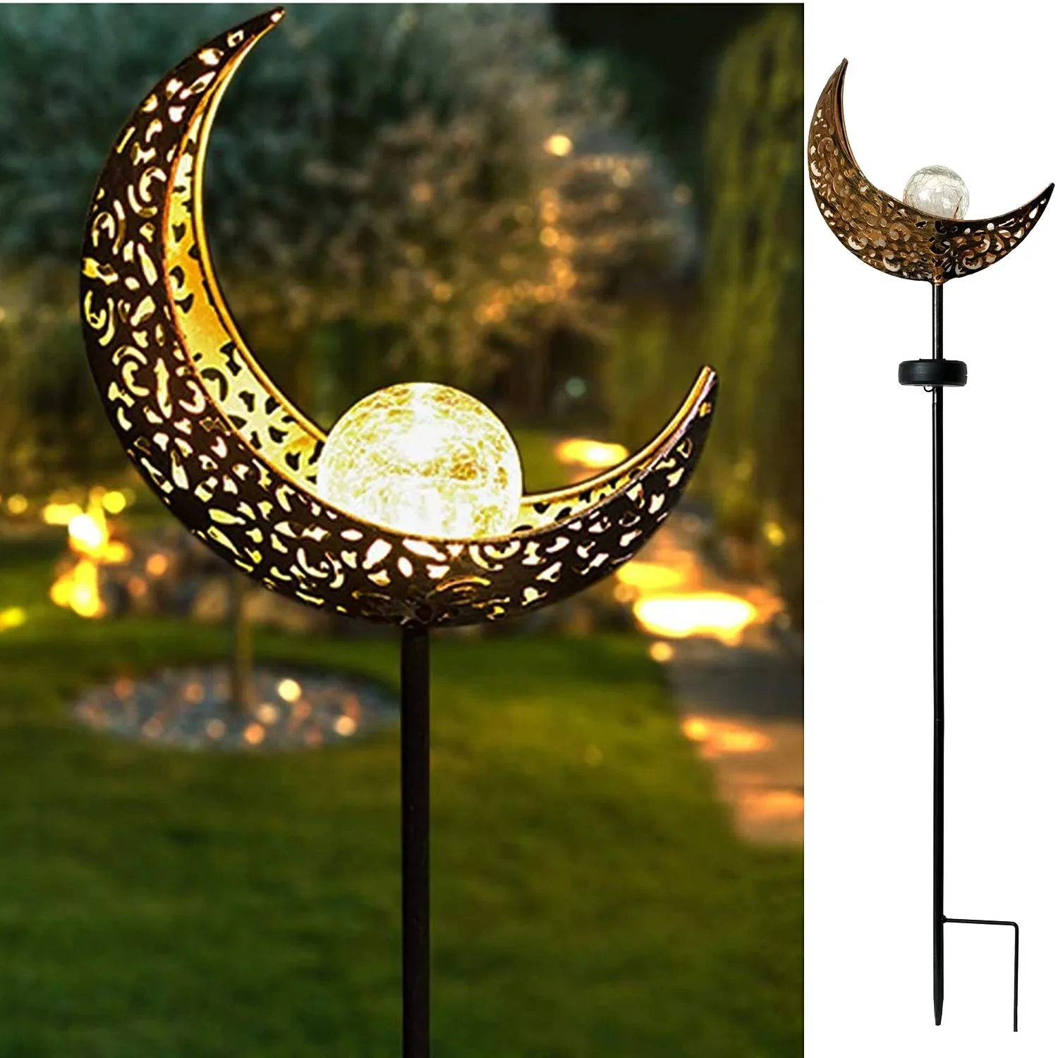 

Garden Solar Lawn Lights Crescent Moon Metal Garden Stake LED Glass Crackle Ball Lawn Yard Art Decor Landscape Sun LED Lamp Home