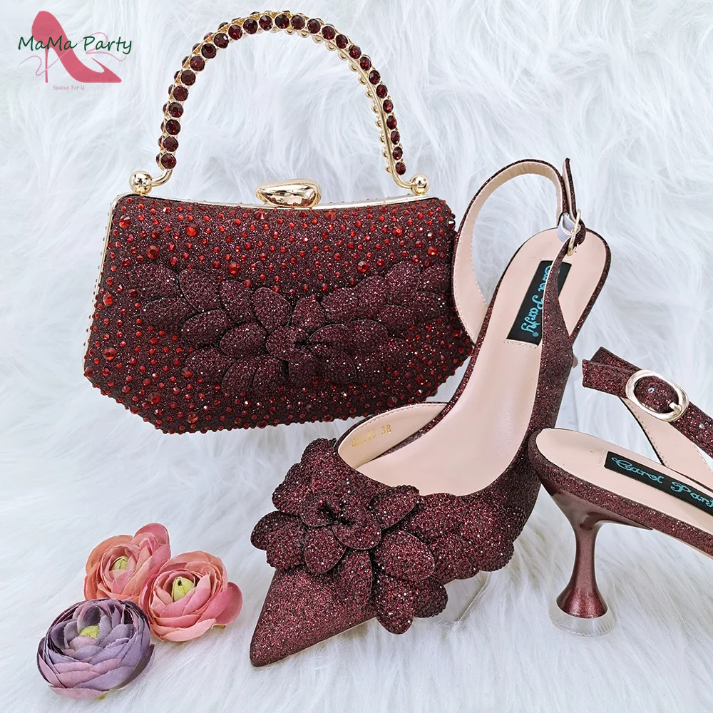 

Wine Color High Quality New Design Italian Shoes and Bag Set with Shinning Crystal Ladies Comfortable Heels Pumps for Dress