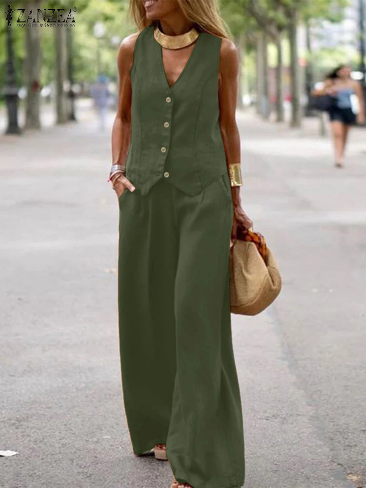 2PCS Summer Sleeveless Tops Trousers Suits ZANZEA 2025 Women Wide Leg Pant Sets Elegant Solid OL Work Tracksuit Casual Outfit