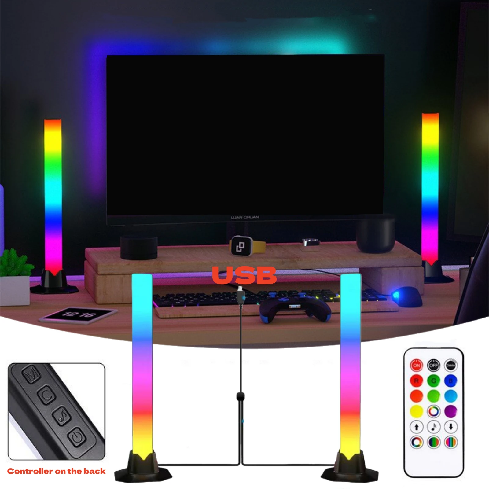

DC5V Музыкальные светодиодные панели RGBIC TV Подсветка Пульт дистанционного управления 2 в 1 Пикап Ритм-подсветка Настольные игровые USB Атмосфера Лампа Настроение Свет