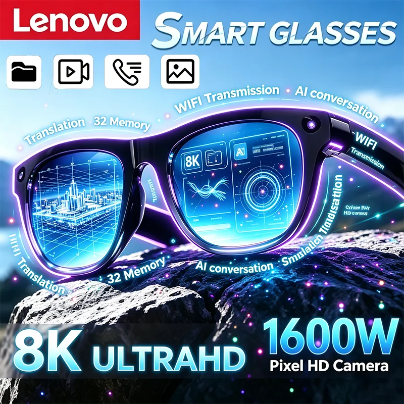 Lenovo 8k AI Smart Camera Glasses Music Playback AI Chat Translation Hands-Free Calling Logging óculos inteligente for Women Men