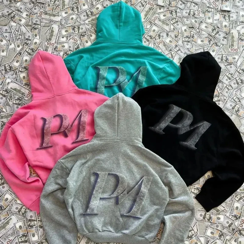 European American Winter Y2K Street Personalized Pattern Printed Top Coat Mens Women's Loose Casual Cardigan Zipper Sweat Hoodie