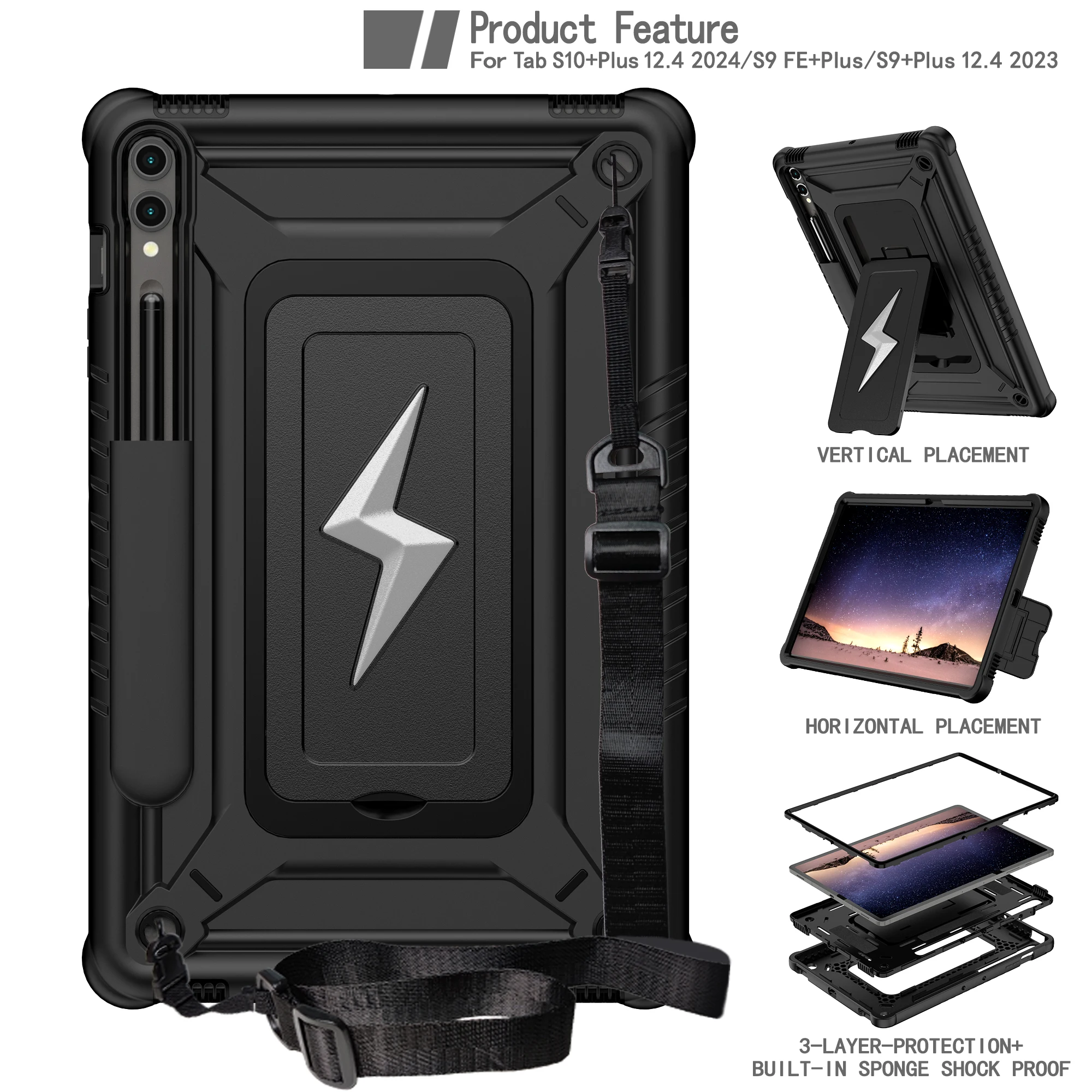 

Чехол для планшета Samsung Galaxy Tab S10 S9 S9FE Plus 12,4 дюйма, противоударный чехол-подставка с плечевыми ремнями и слотом для ручки