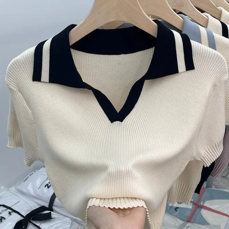 Women\'s 2024 Summer New Pullover POLO Collar Patchwork Screw Thread Fashion Solid Color Elegant Casual Knitted Short Sleeved Top