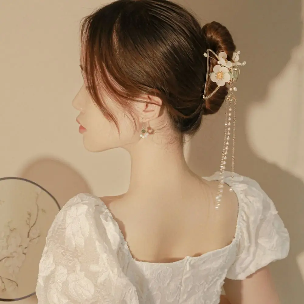 

Pearls Tassel Retro Flower Hair Clip Chinese Style Ancient Style Metal Hair Claw Headdress Alloy Hanfu Hair Claw