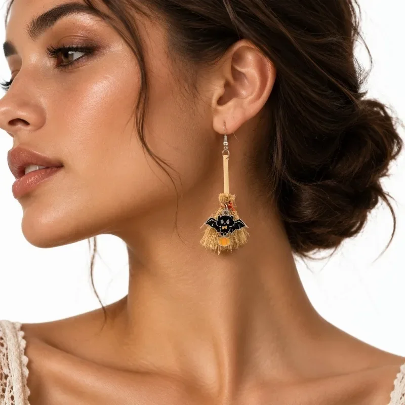 Funny Vintage Witch Broom Drop Earrings Halloween Christmas Fashion Personalized Jewelry Accessory Pendant for Women Gifts