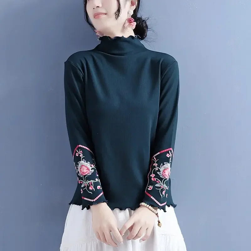 Autumn Winter Ethnic Style Double-Sided Embroidered Top for Women T-Shirt Wooden Ear Half Turtleneck Vintage Woman Clothes Black