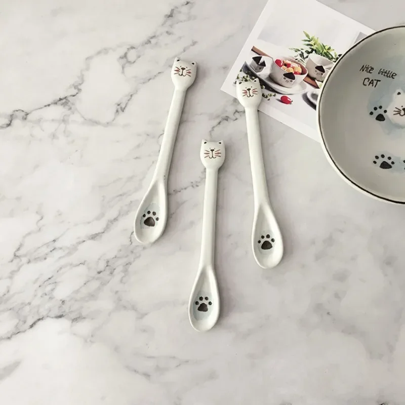 1/2/3pcs Kitchen Tool Novelty Gift Ceramic Cartoon Cute Cat Animal Spoon Hanging Coffee Dessert Spoon Unique Ice Cream Flatware