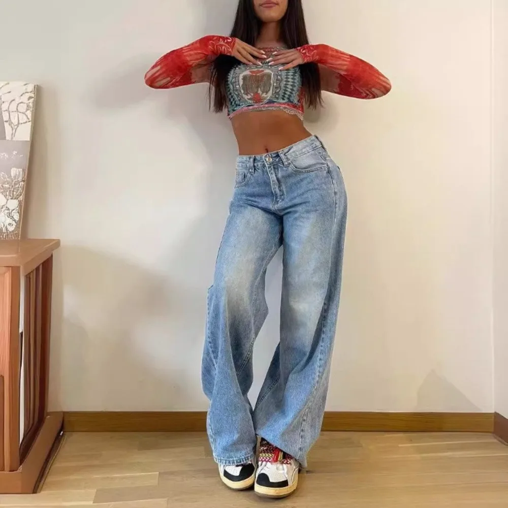 Nuovi pantaloni dritti a vita alta retrò europei e americani Pantaloni lunghi americani a gamba larga Spice Girls Jeans larghi da donna