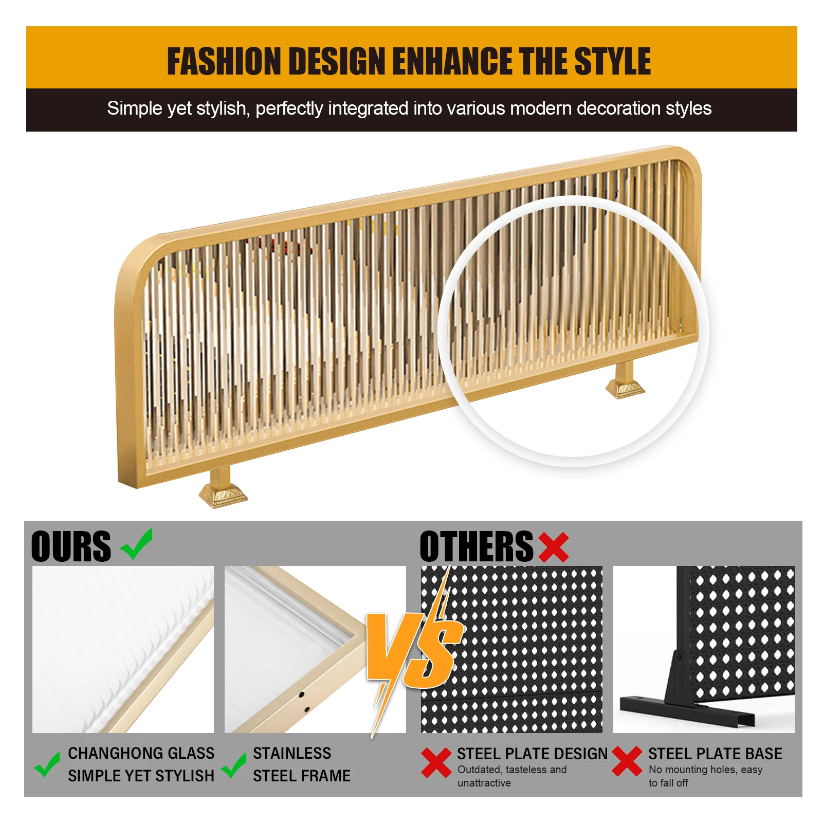 Divisor de tela, divisória comercial de vidro listrado, divisor de mesa moderno de cerca baixa para hotel, restaurante