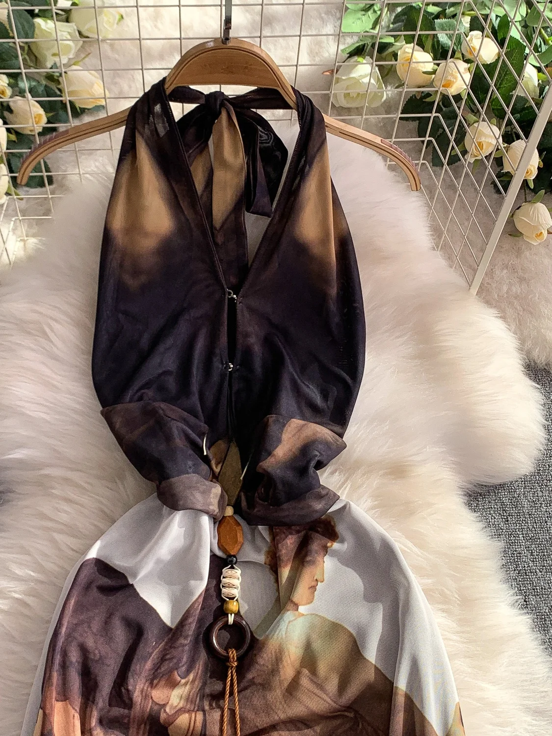 Retro Floral Print V-Ne Hanging Ne Dr Women's High Waist Belt Sexy Holiday Long Dr Korean Sle A-Line Skirt