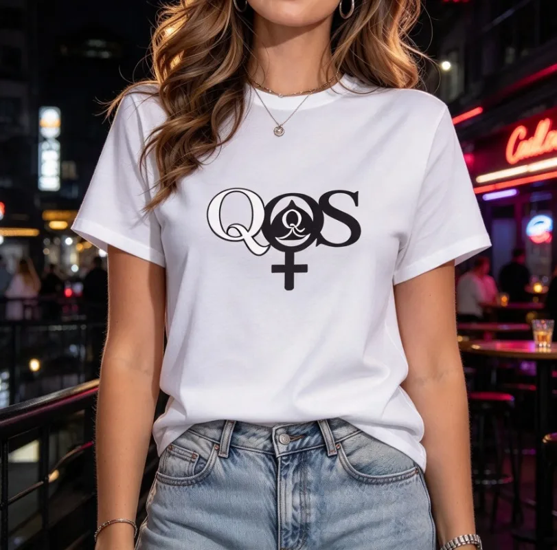 QOS Feminist Symbol T-Shirt, 100% Cotton Casual Tee, Minimalist Letter Print Women's Summer Streetwear Aesthetic Graphic Top