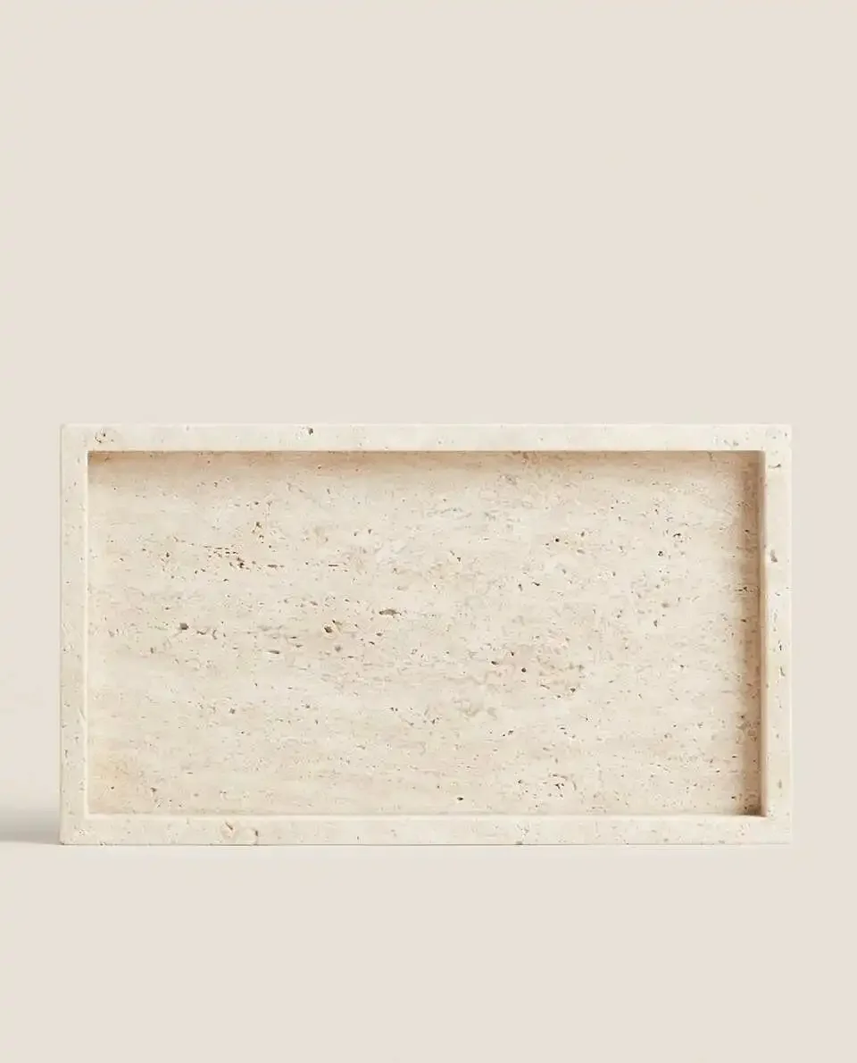 Wabi-Sabi Style Yellow Travertine Tray, Rectangular Beige Marble Stone Tray, Bathroom Ornament, Wholesale, 30x20x3cm