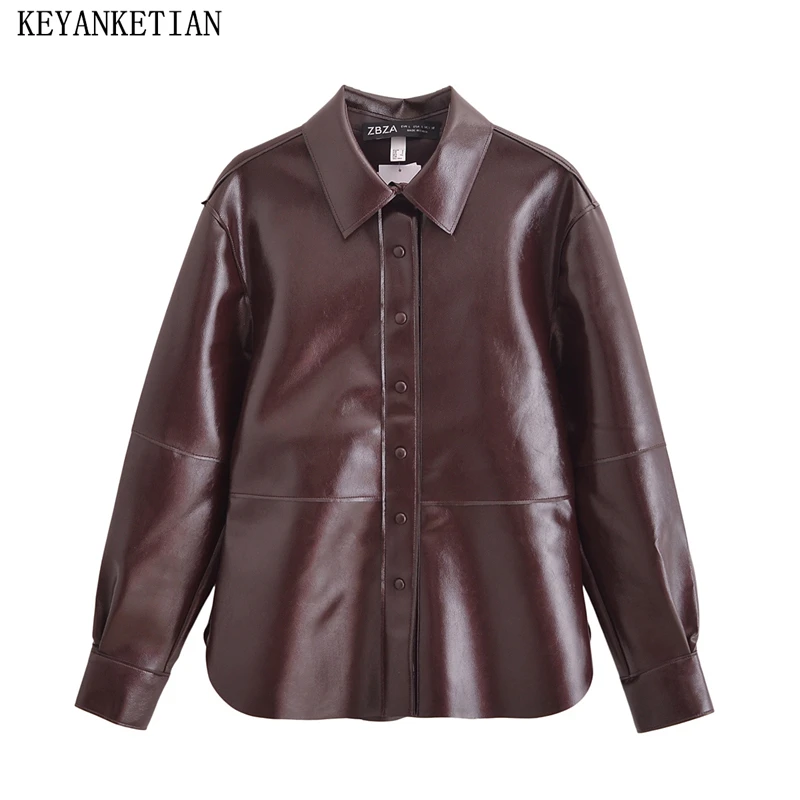 KEYANKETIAN 2024 Herfst/Winter Nieuwe vrouwen Kunstleer Jas Retro stijl Single Breasted Naad Detail Gecoate jas Blazer