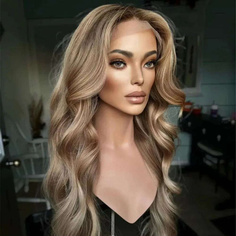 

Парик с волнистыми локонами и прозрачной HD-основой 13*4 для женщин, без клея, коричневый с блонд-оттенками, карнавальный парик для женщин