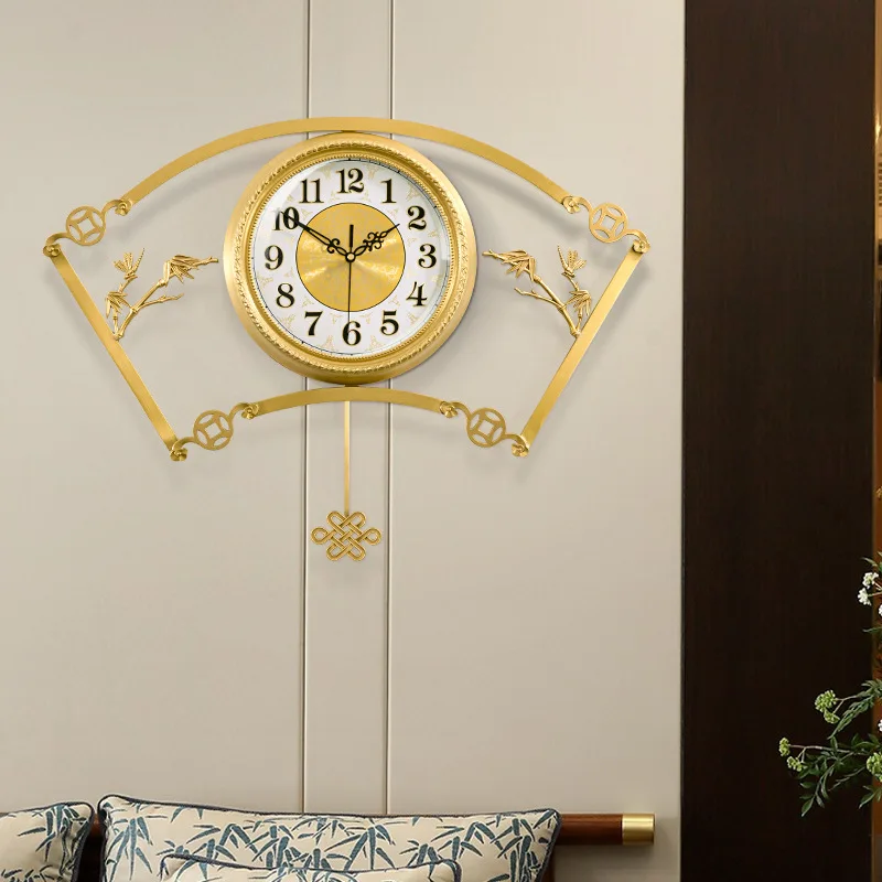 New Chinese Brass Light Luxury Wall Clock Home Living Room Modern Creative Villa Entrance Wall Fan